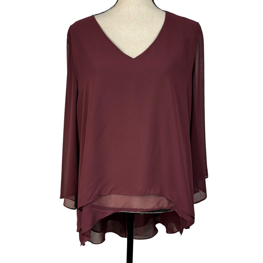 JLo X-Large Top V-Neck Hi-Low Hem Lined 3/4 Flare Sleeves Keyhole Lightweight
